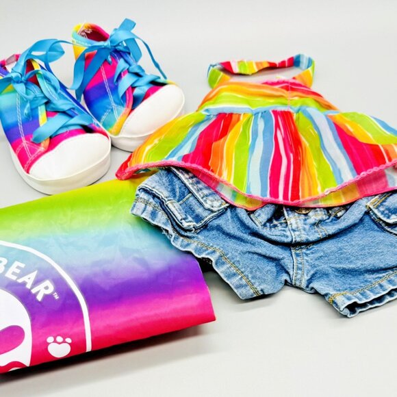 Build-A-Bear Workshop Other - Build a Bear Rainbow Halter Top Jean Shorts Sneakers Draw String Bag Clothes